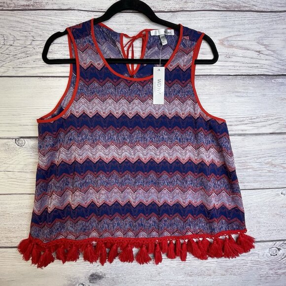WD NY Women's Sleeveless Tank Tunic Size XL Red Multi Color Chevron Tassels - Picture 1 of 13